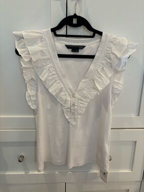 Veronica Beard Ruffle Sleeve White Cotton V-neck Top Small BNWOT